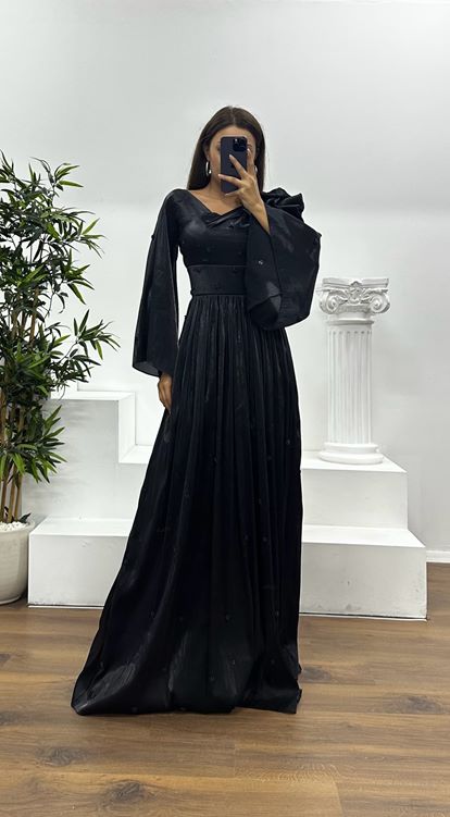 Siyah Tek Omuz İnci Detay Şifon Abiye Elbise