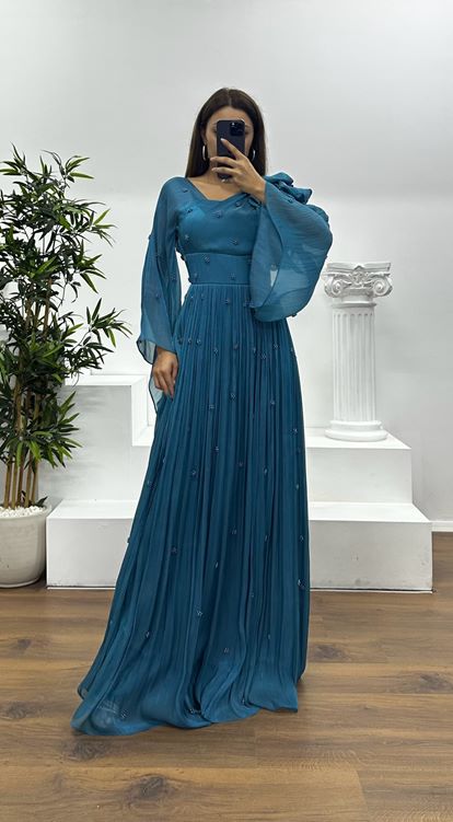 Petrol Tek Omuz İnci Detay Şifon Abiye Elbise