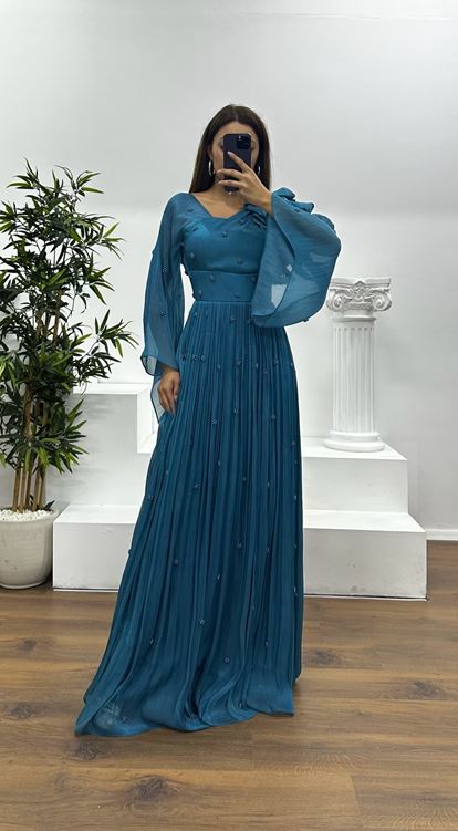 Petrol Tek Omuz İnci Detay Şifon Abiye Elbise