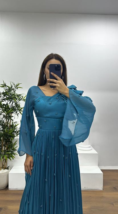 Petrol Tek Omuz İnci Detay Şifon Abiye Elbise