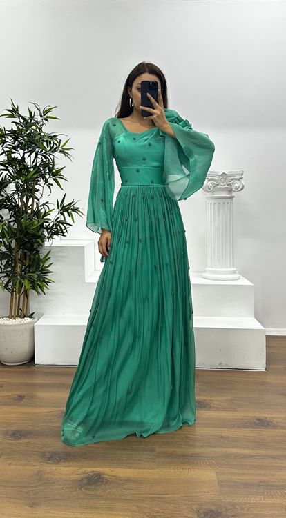 Elma Yeşili Tek Omuz İnci Detay Şifon Abiye Elbise