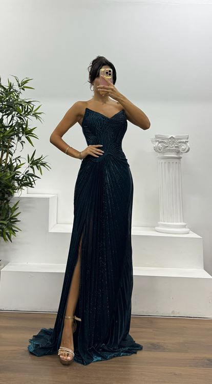 Petrol Straplez Piliseli Abiye Elbise