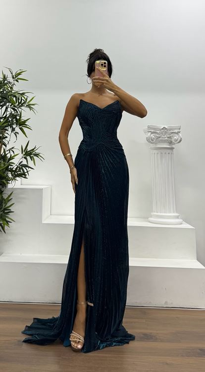 Petrol Straplez Piliseli Abiye Elbise