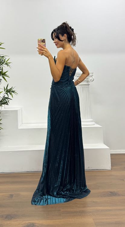 Petrol Straplez Piliseli Abiye Elbise