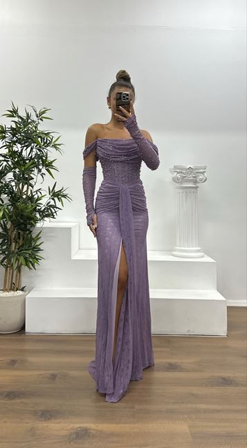 Lavender Pearl Lace Evening Dress