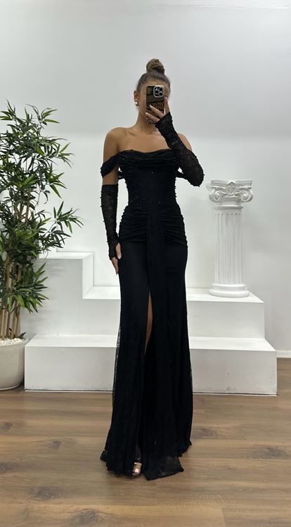 Black Pearl Lace Evening Dress
