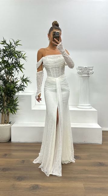 White Pearl Lace Evening Dress