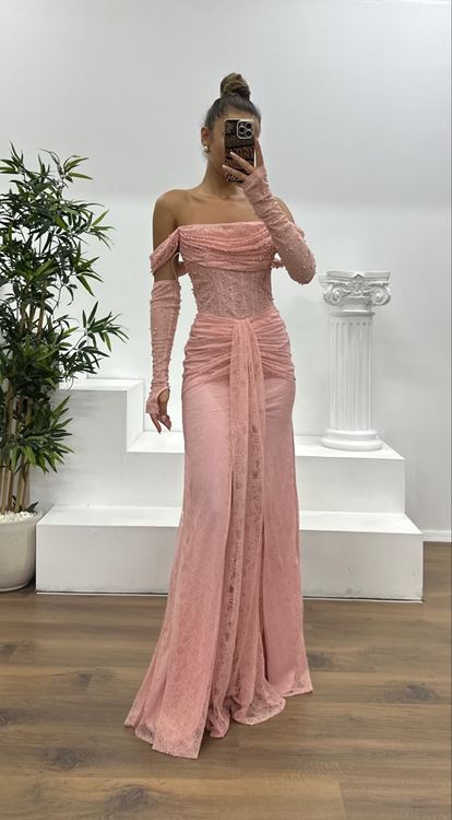 Salmon Pearl Lace Evening Dress
