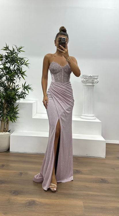 Powder Strapless Glittery Evening Dress