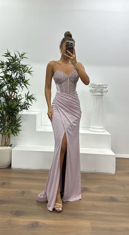 Powder Strapless Glittery Evening Dress