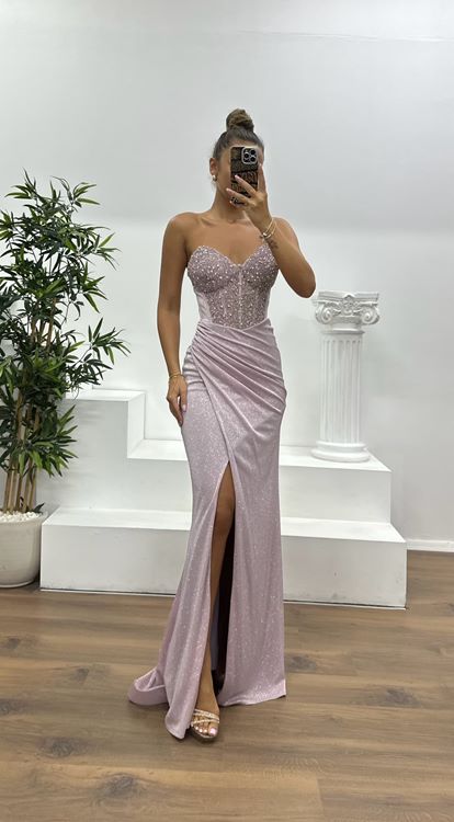 Powder Strapless Glittery Evening Dress