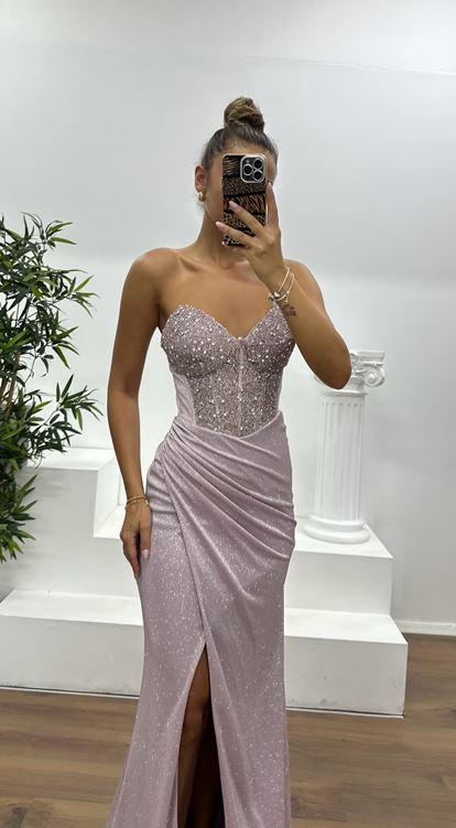 Powder Strapless Glittery Evening Dress