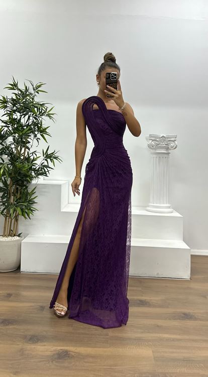 Mor Straplez Dantel Abiye Elbise