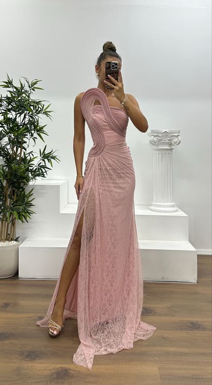 Pudra Straplez Dantel Abiye Elbise