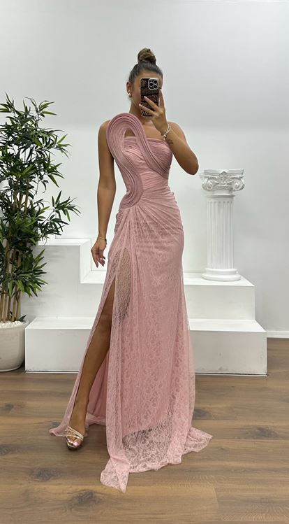 Pudra Straplez Dantel Abiye Elbise