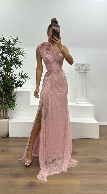 Pudra Straplez Dantel Abiye Elbise