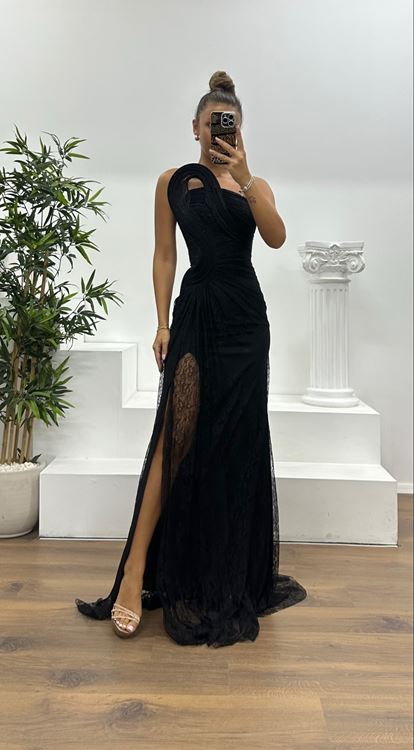 Siyah Straplez Dantel Abiye Elbise