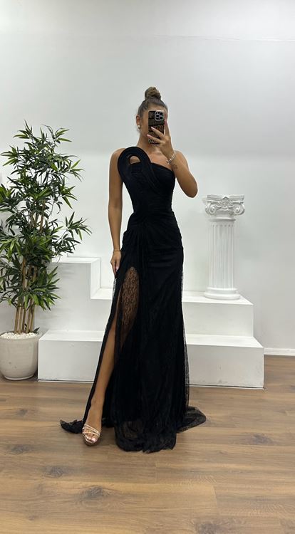 Siyah Straplez Dantel Abiye Elbise