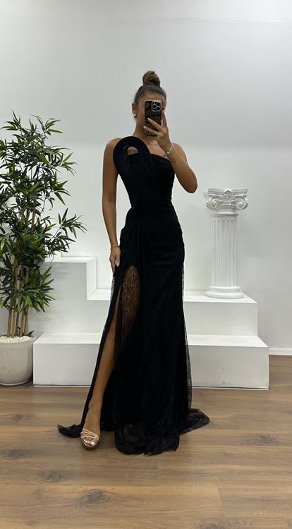 Siyah Straplez Dantel Abiye Elbise