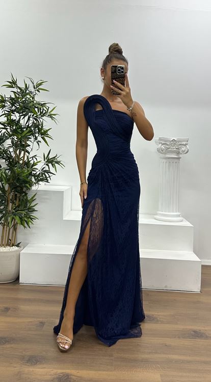 Lacivert Straplez Dantel Abiye Elbise