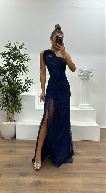 Lacivert Straplez Dantel Abiye Elbise