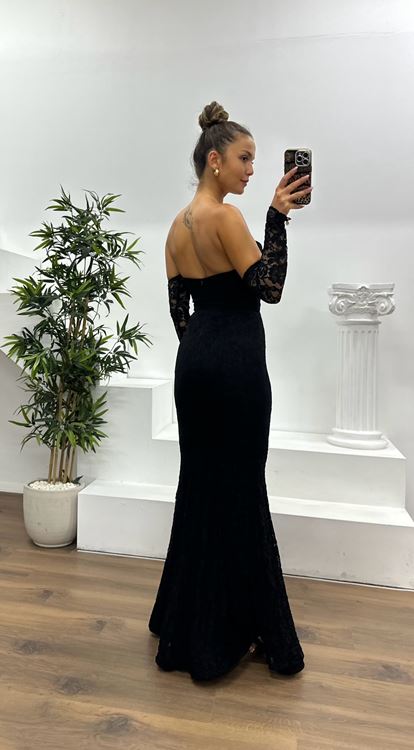 Schwarzes trägerloses Abendkleid aus Spitze