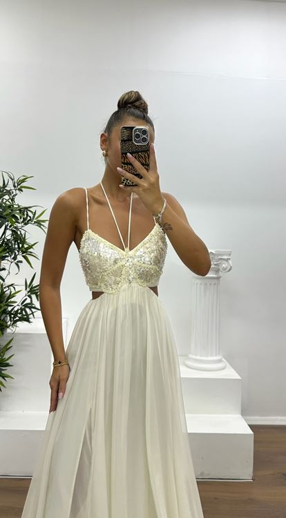 Beyaz İp Askılı Örme Şifon Abiye Elbise