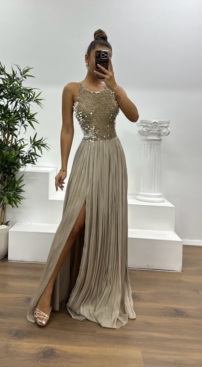 Vizon İp Askılı Örme Pullu Abiye Elbise