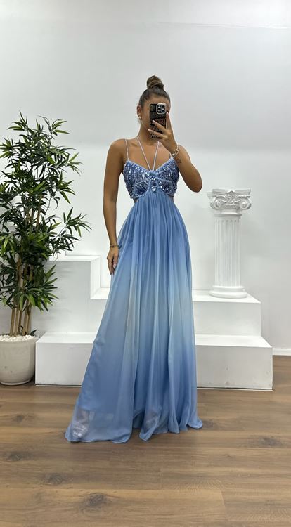 Mavi İp Askılı Örme Şifon Abiye Elbise