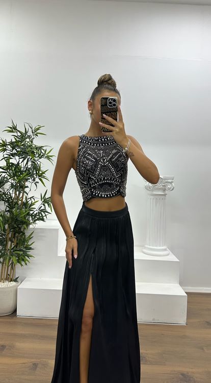 Black Chiffon Skirt Bustier Suit Evening Dress