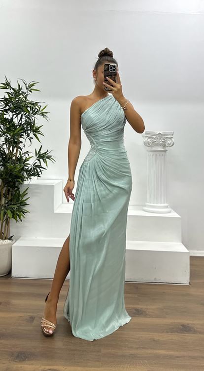 Mint Tek Omuz Şifon Abiye Elbise