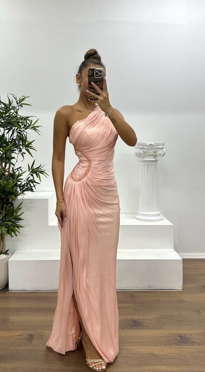 Somon Tek Omuz Şifon Abiye Elbise