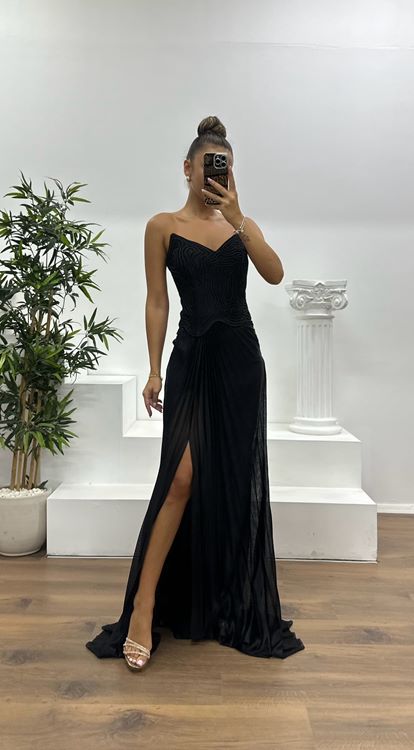 Siyah Straplez Piliseli Abiye Elbise