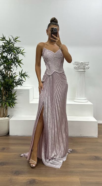 Pudra Straplez Piliseli Abiye Elbise