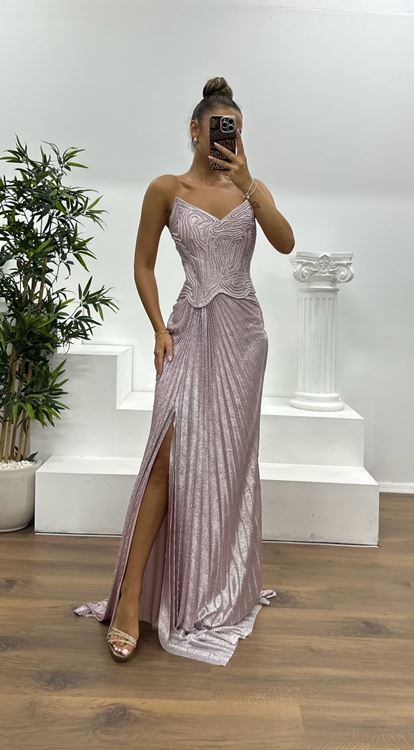 Pudra Straplez Piliseli Abiye Elbise