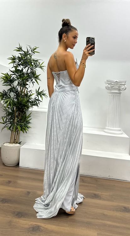 Gümüş Straplez Piliseli Abiye Elbise