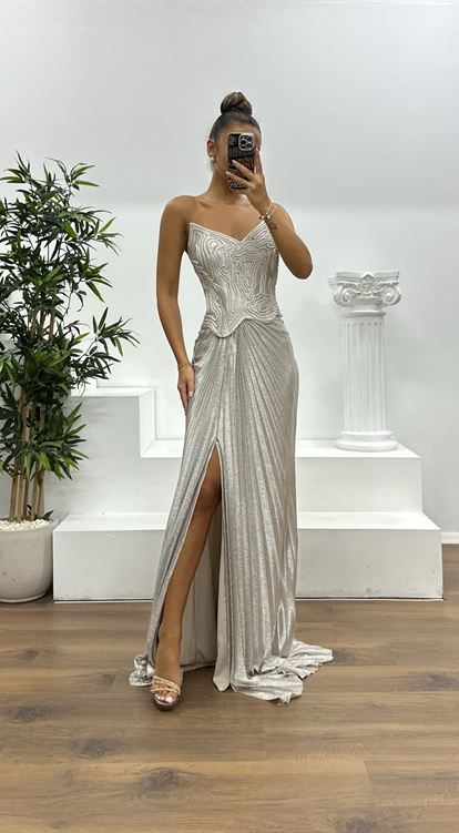 Vizon Straplez Piliseli Abiye Elbise