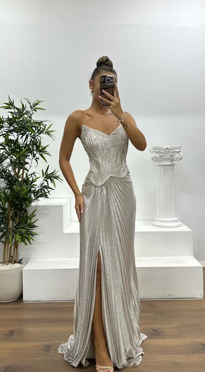 Vizon Straplez Piliseli Abiye Elbise