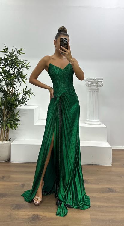 Zümrüt Straplez Piliseli Abiye Elbise