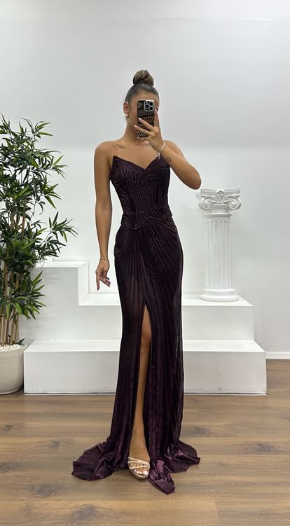 Mürdüm Straplez Piliseli Abiye Elbise