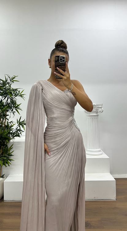 Vizon Tek Kol Bel Detay Abiye Elbise