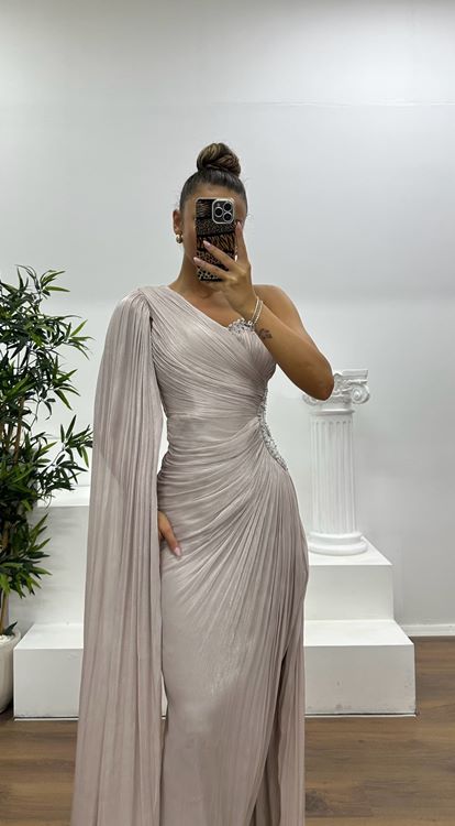 Vizon Tek Kol Bel Detay Abiye Elbise