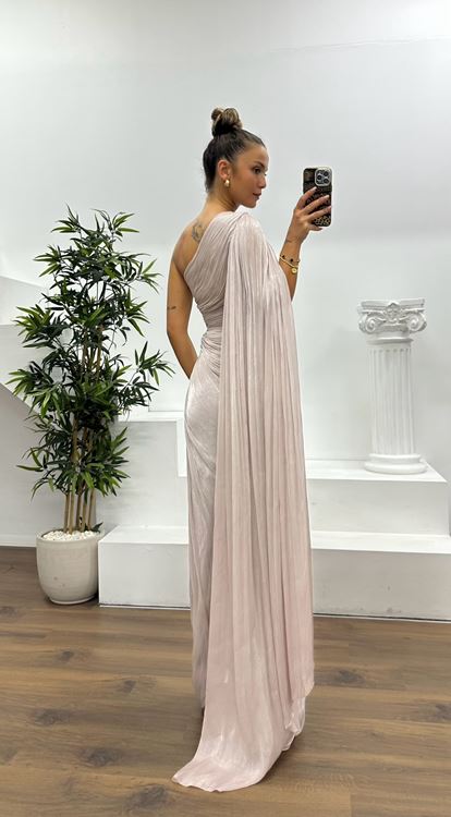 Vizon Tek Kol Bel Detay Abiye Elbise