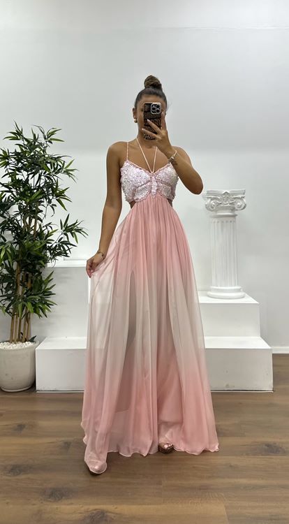 Somon İp Askılı Örme Şifon Abiye Elbise