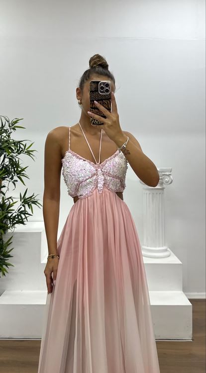 Somon İp Askılı Örme Şifon Abiye Elbise