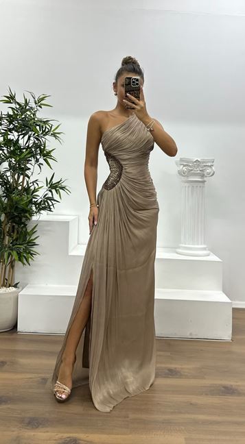 Koyu Gold Tek Omuz Şifon Abiye Elbise