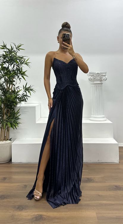 Lacivert Straplez Piliseli Abiye Elbise