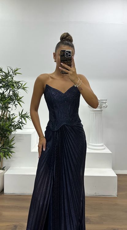 Lacivert Straplez Piliseli Abiye Elbise