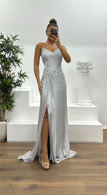 Gümüş Straplez Piliseli Abiye Elbise