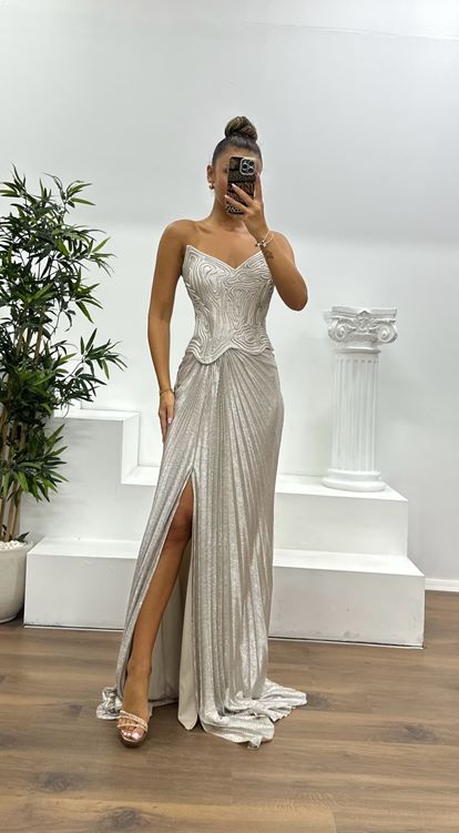 Vizon Straplez Piliseli Abiye Elbise